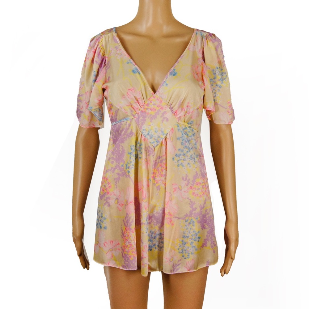 Vintage 70s Pastel Floral Babydoll Tunic Wide Sleeve Deep V Neck Top Tunic